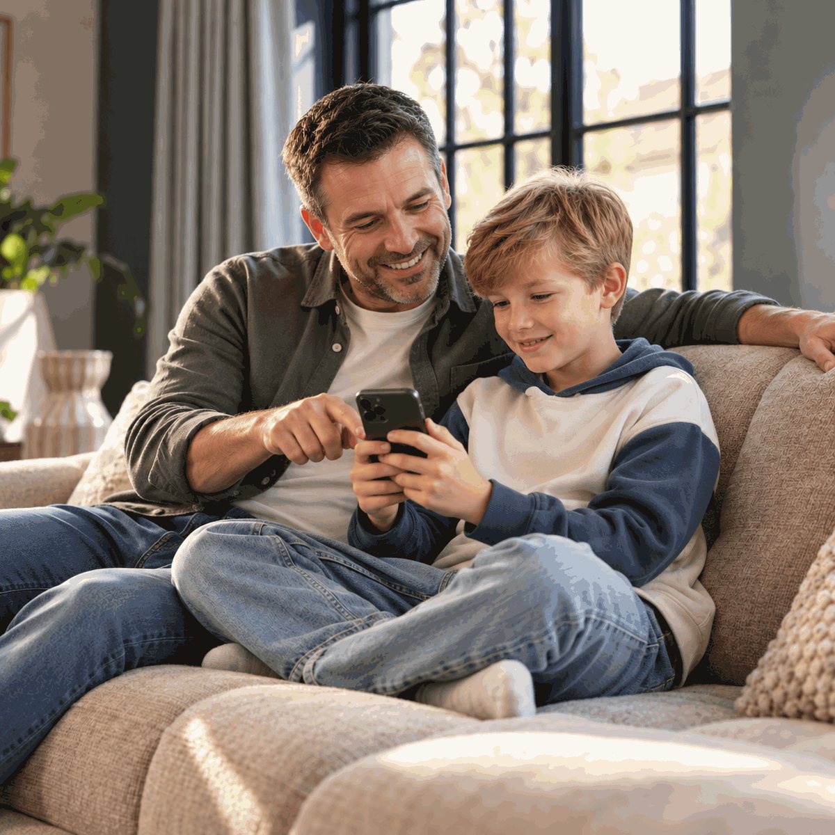 Een vader en zijn zoon kijken samen op de telefoon